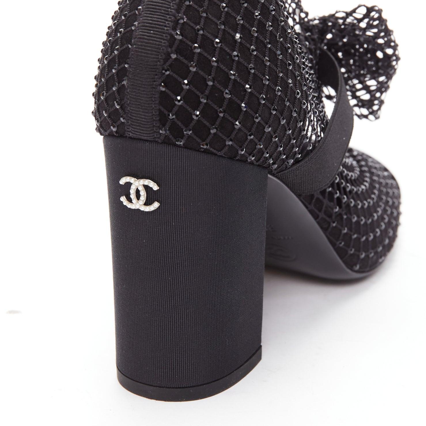 Women's CHANEL 2023 Resille 90 black crystal fishnet bow silver CC sock boots EU38.5