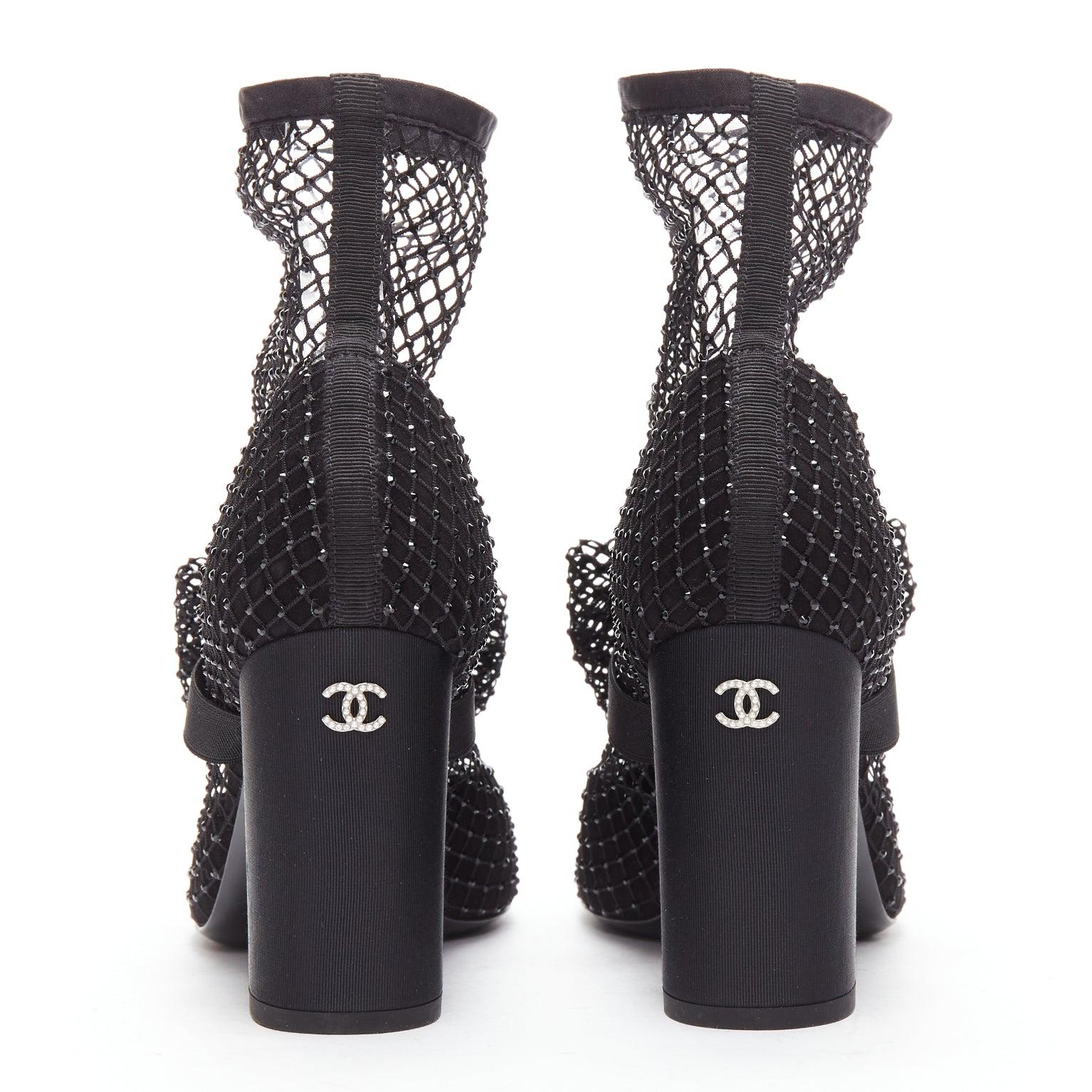 CHANEL 2023 Resille 90 black crystal fishnet bow silver CC sock boots EU38.5 3