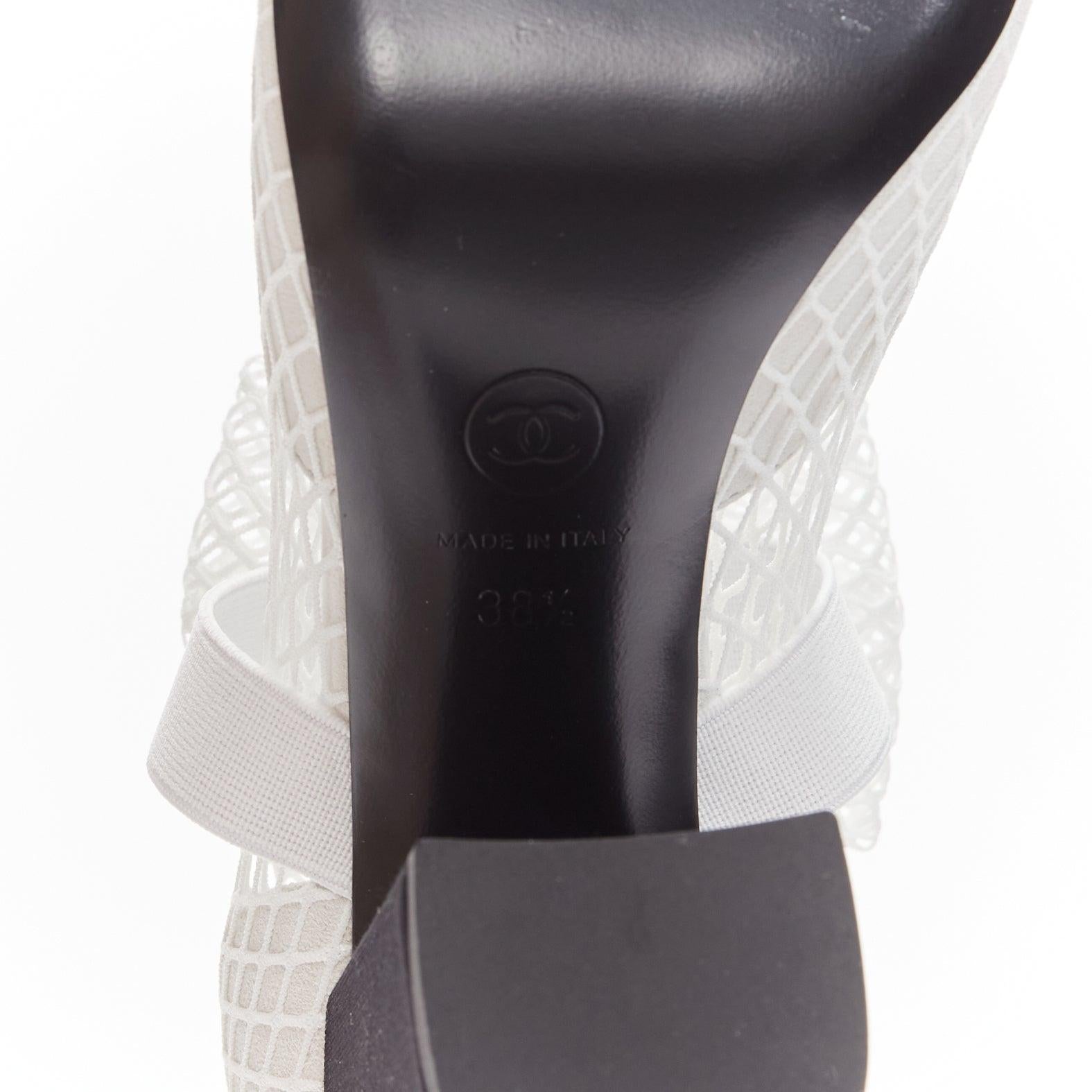 CHANEL 2023 Runway black toe cap white bow CC fishnet thigh high heels EU38.5 For Sale 7