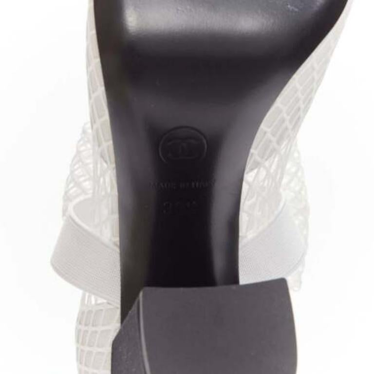 CHANEL 2023 Runway black toe cap white bow CC fishnet thigh high heels EU38.5 6