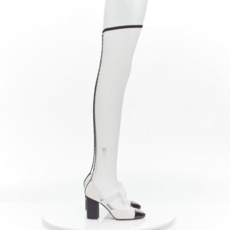 Gray CHANEL 2023 Runway black toe cap white bow CC fishnet thigh high heels EU38.5