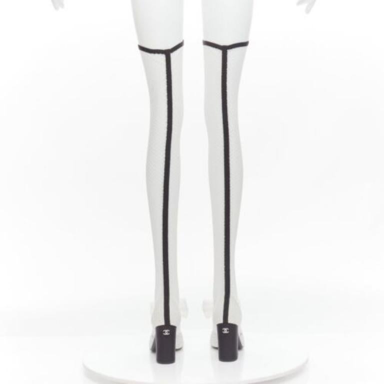 CHANEL 2023 Runway black toe cap white bow CC fishnet thigh high heels EU38.5 In Excellent Condition In Hong Kong, NT