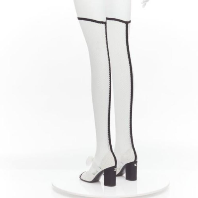 Women's CHANEL 2023 Runway black toe cap white bow CC fishnet thigh high heels EU38.5