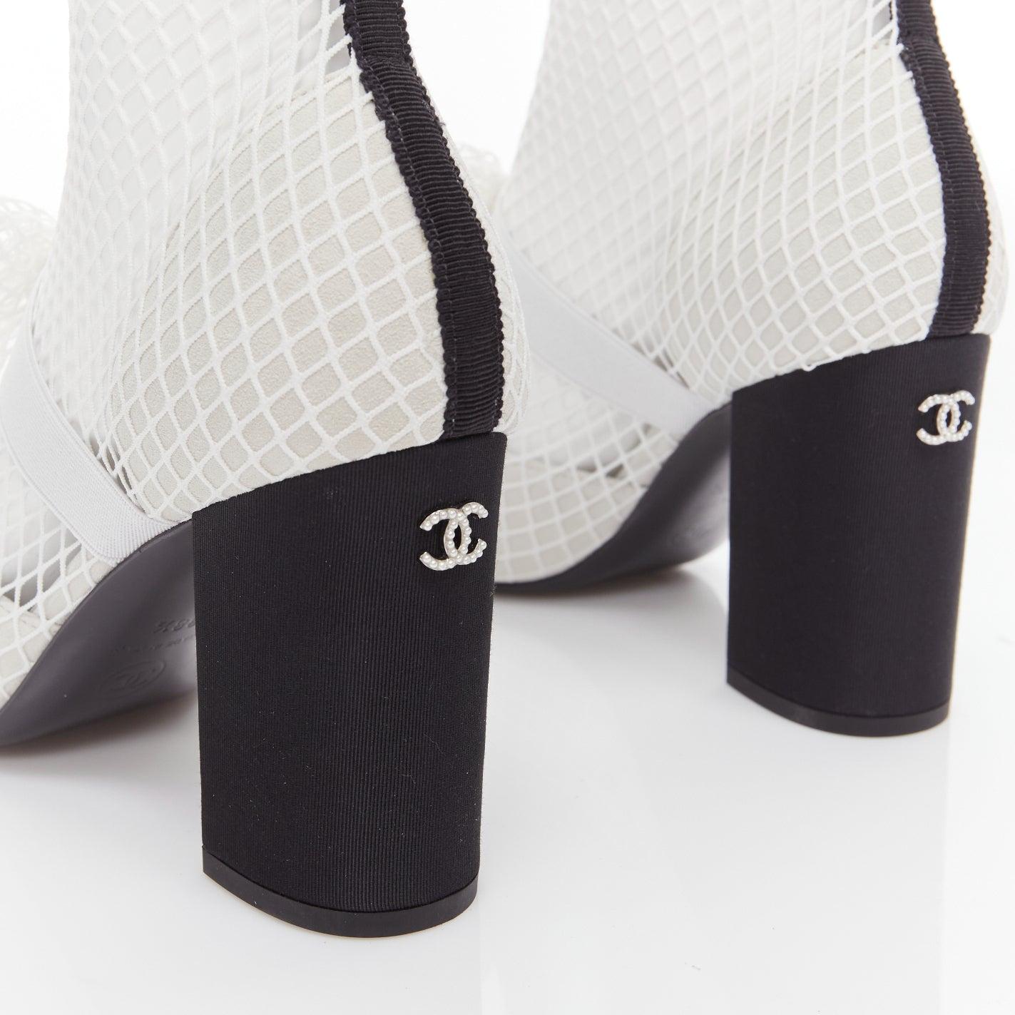CHANEL 2023 Runway black toe cap white bow CC fishnet thigh high heels EU38.5 For Sale 4
