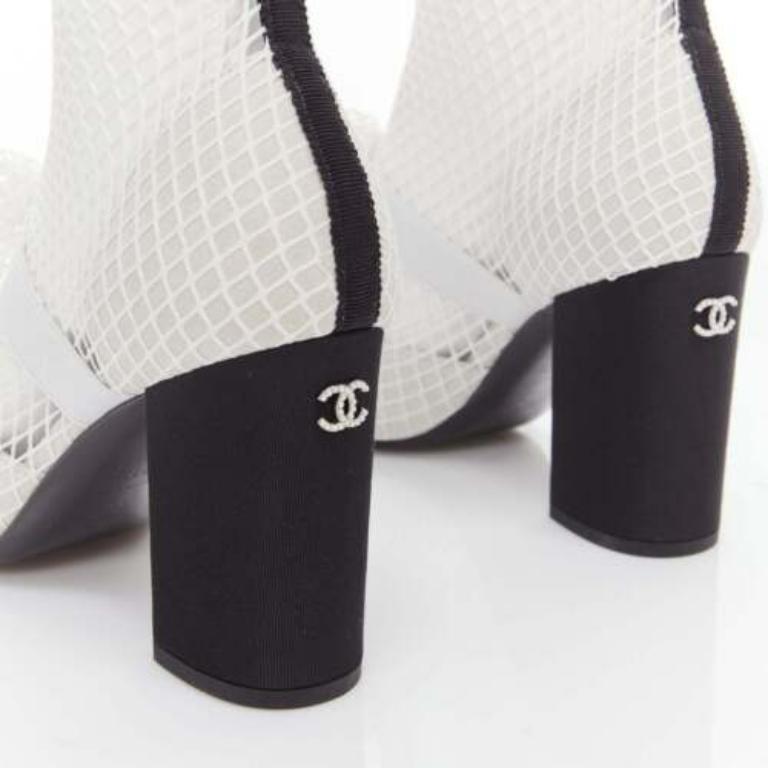CHANEL 2023 Runway black toe cap white bow CC fishnet thigh high heels EU38.5 3