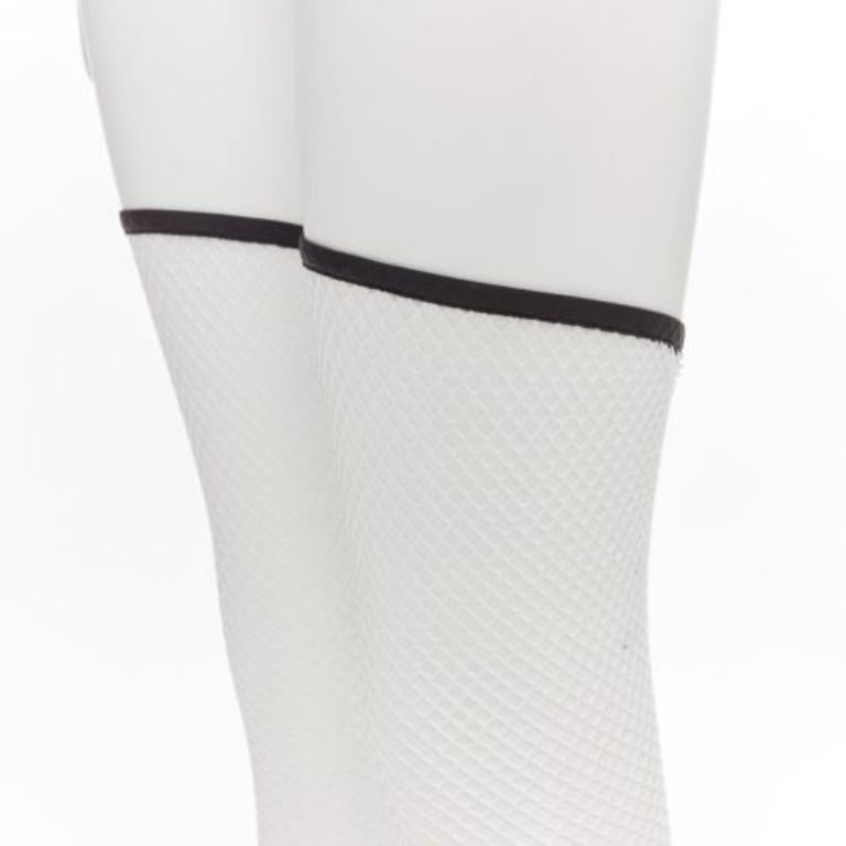 CHANEL 2023 Runway black toe cap white bow CC fishnet thigh high heels EU38.5 4