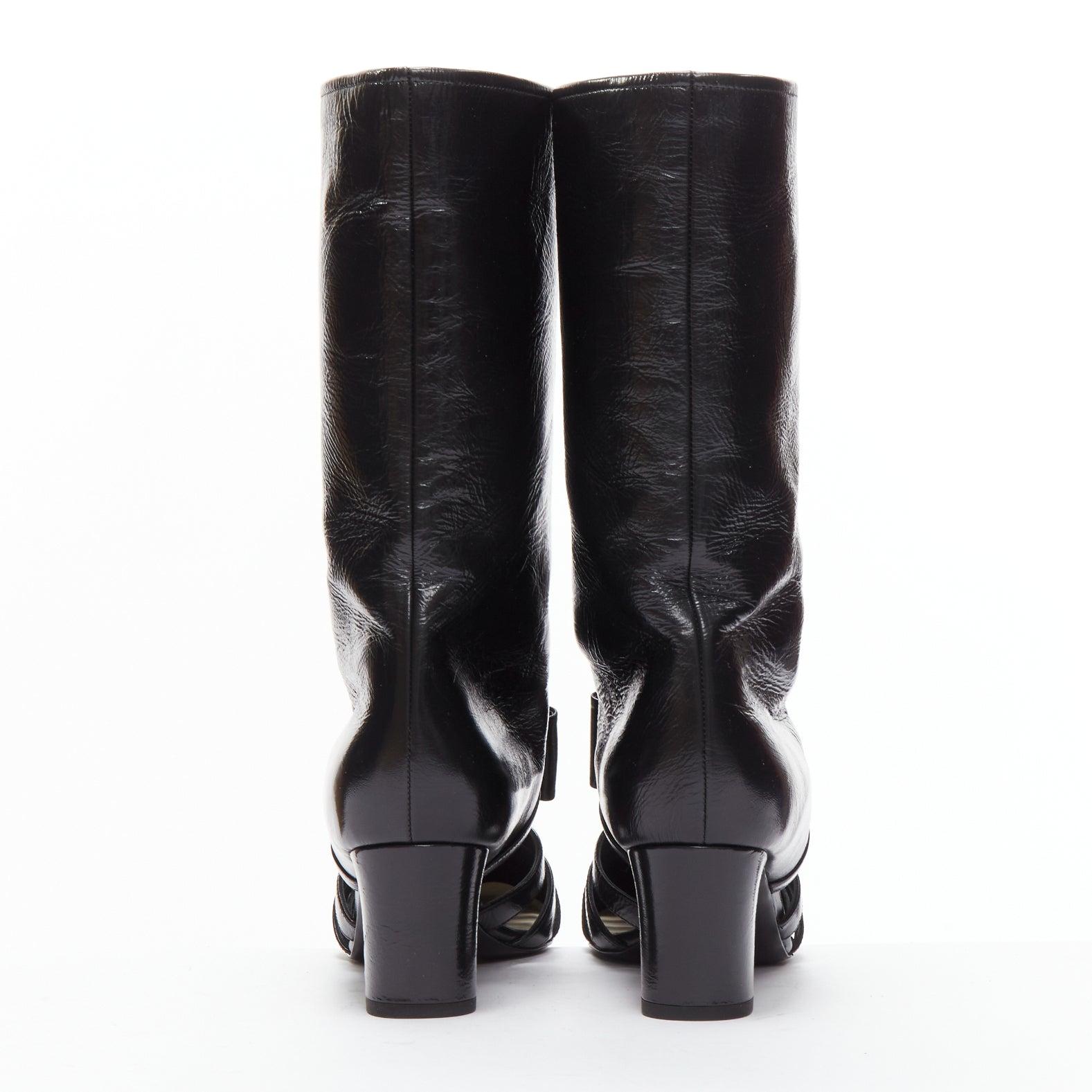 CHANEL 2023 Runway silver CC bow black leather cut out boots EU38.5 For Sale 1