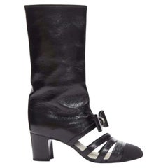 CHANEL 2023 Runway silver CC bow black leather cut out boots EU38.5