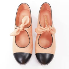 CHANEL 2024 beige lambskin leather ribbon bow CC logo mary jane flats EU40