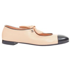 CHANEL 2024 beige lambskin leather ribbon bow CC logo mary jane flats EU40