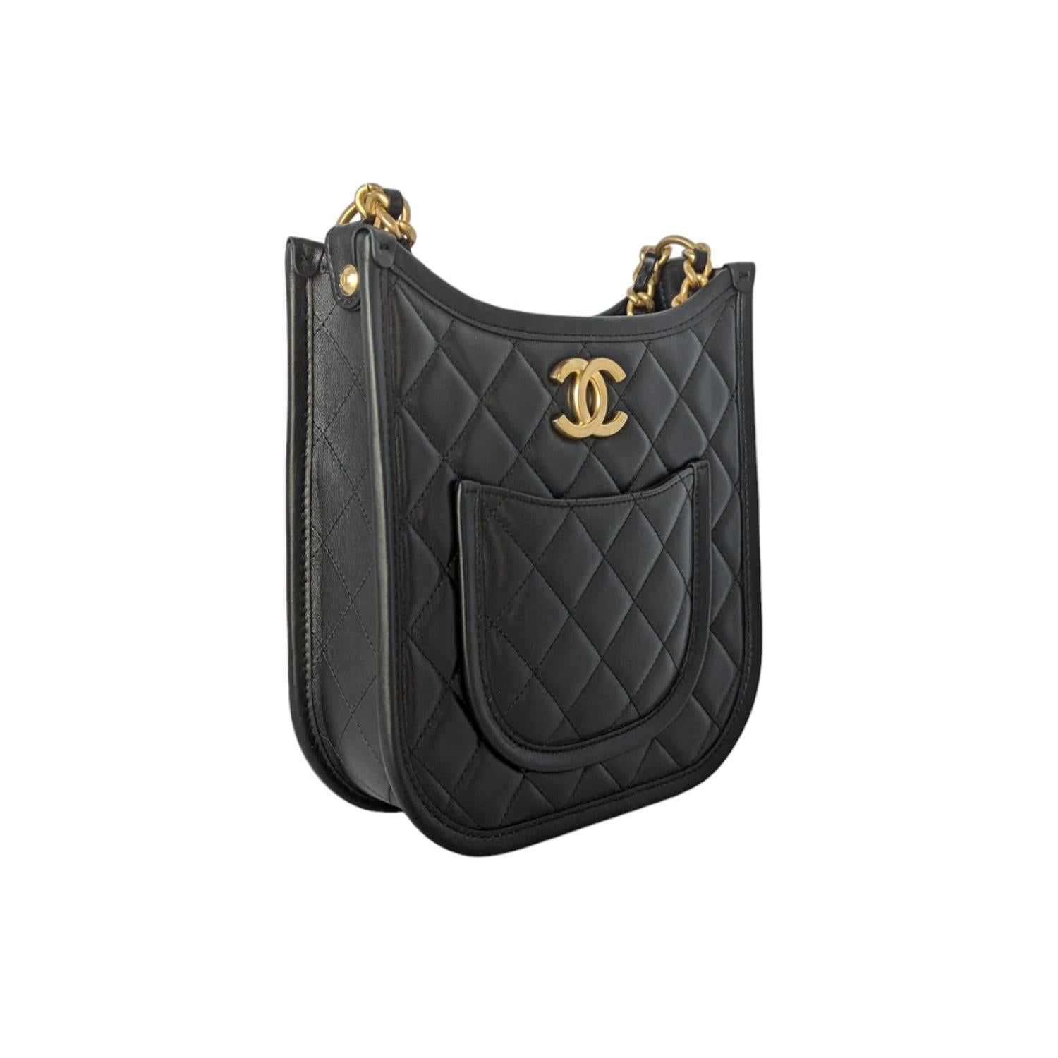 Chanel 2024 Black Calfskin Quilted CC Crossbody Hobo Handbag In Excellent Condition In Scottsdale, AZ