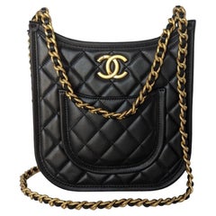 Chanel 2024 Black Calfskin Quilted CC Crossbody Hobo Handbag