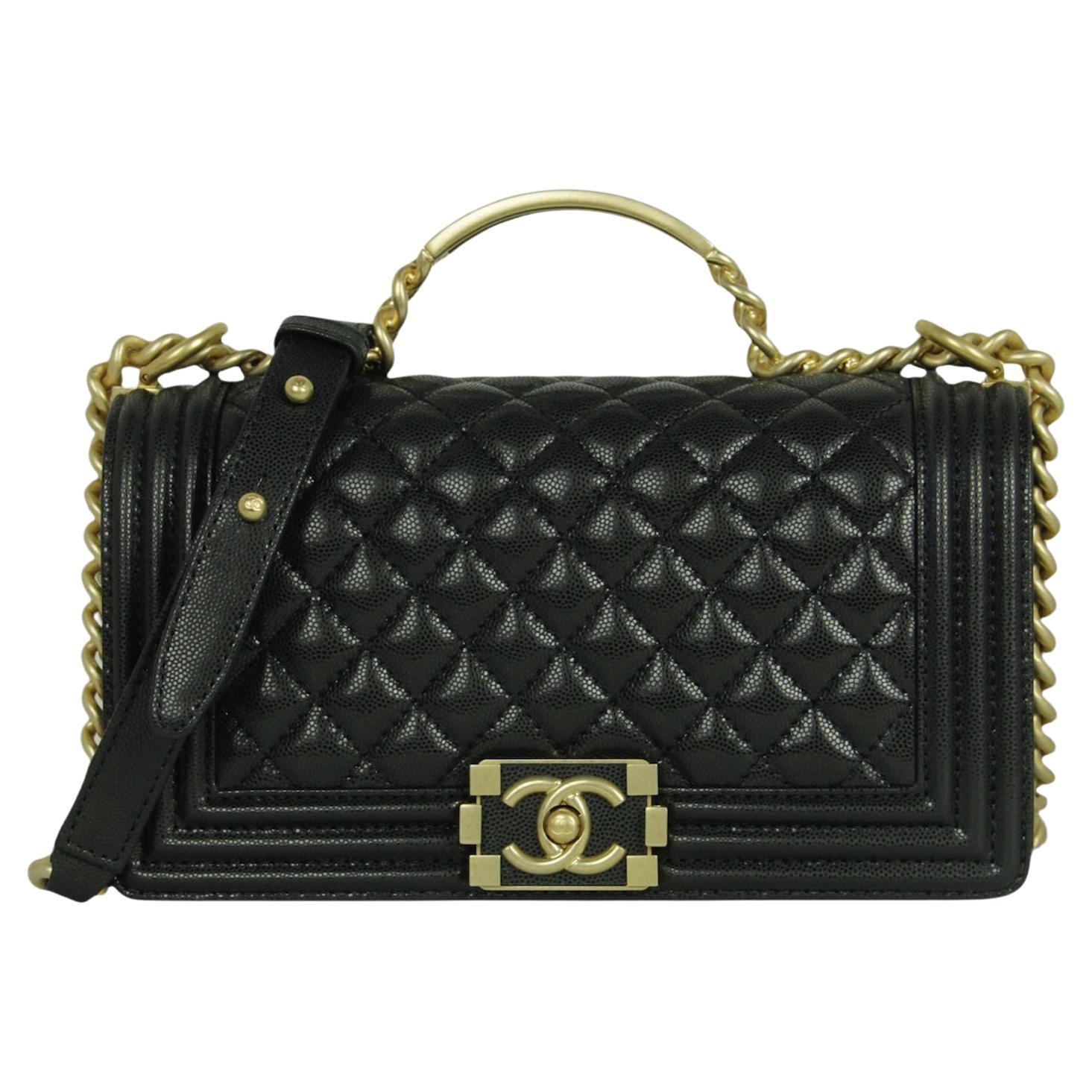 Chanel 2024 Black Caviar Leather Quilted Medium Top Handle Boy Bag For Sale