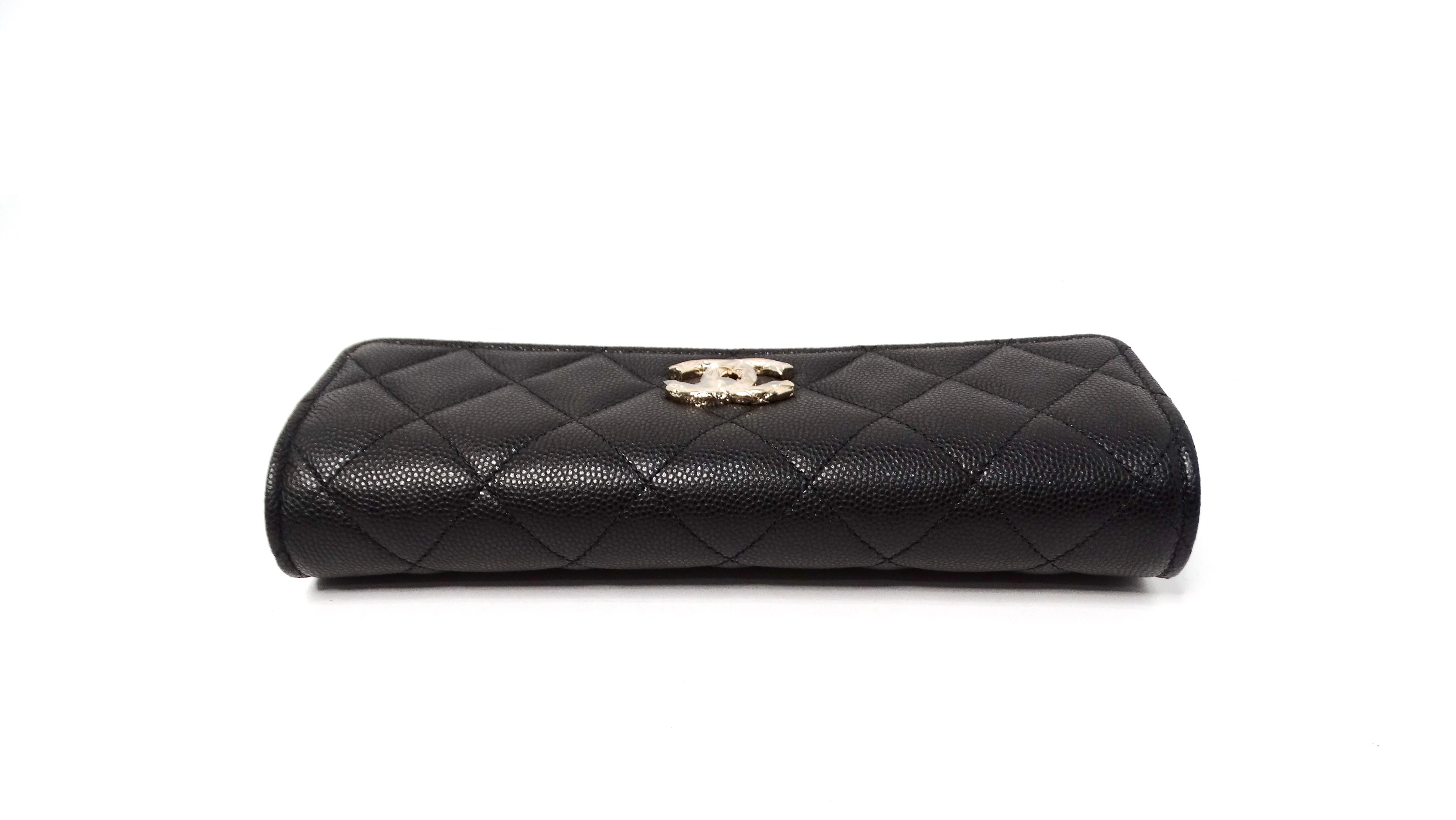 Chanel 2024 Black Caviar Quilted Leather Long Flap Wallet For Sale 6