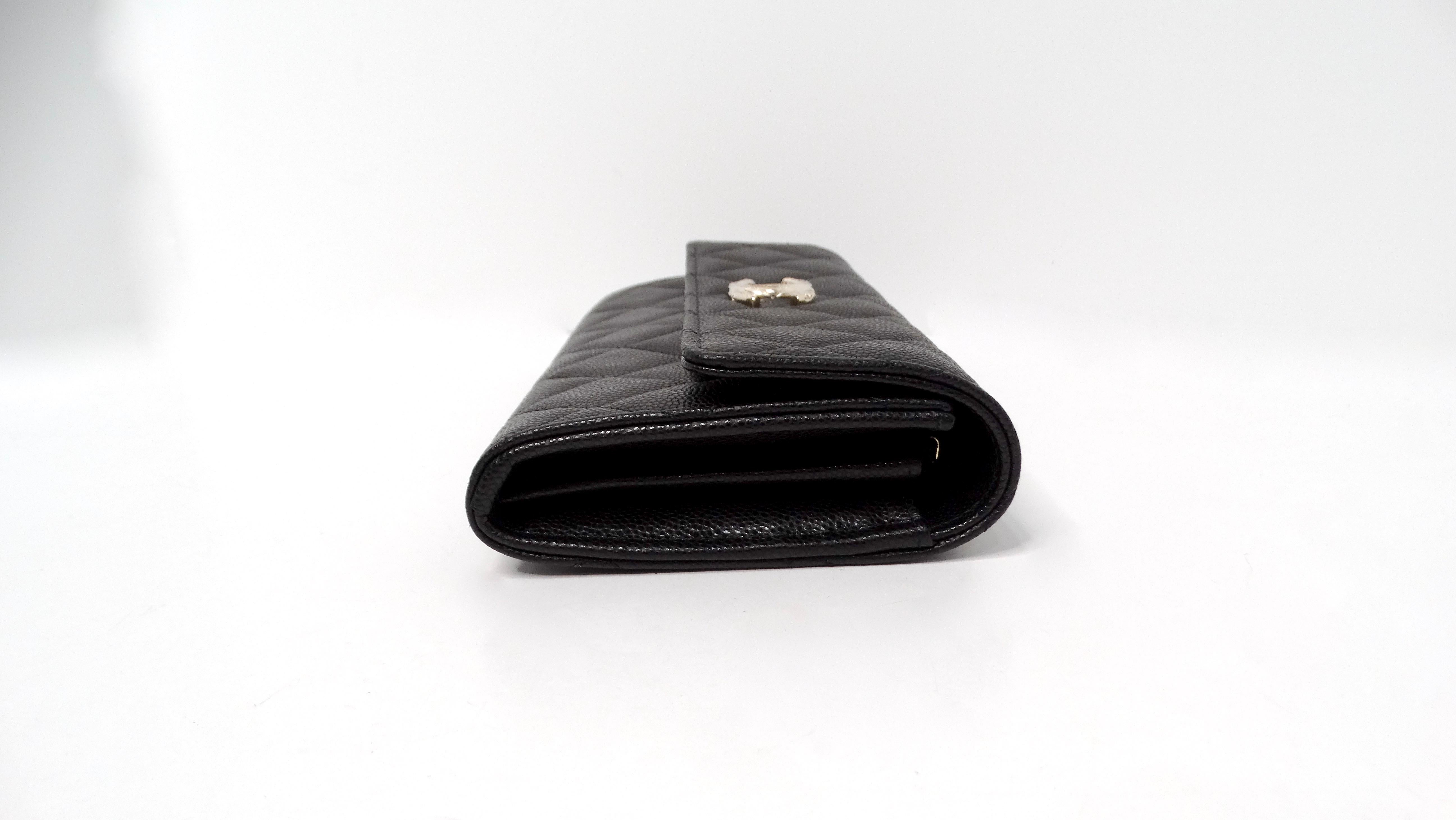 Chanel 2024 Black Caviar Quilted Leather Long Flap Wallet For Sale 8