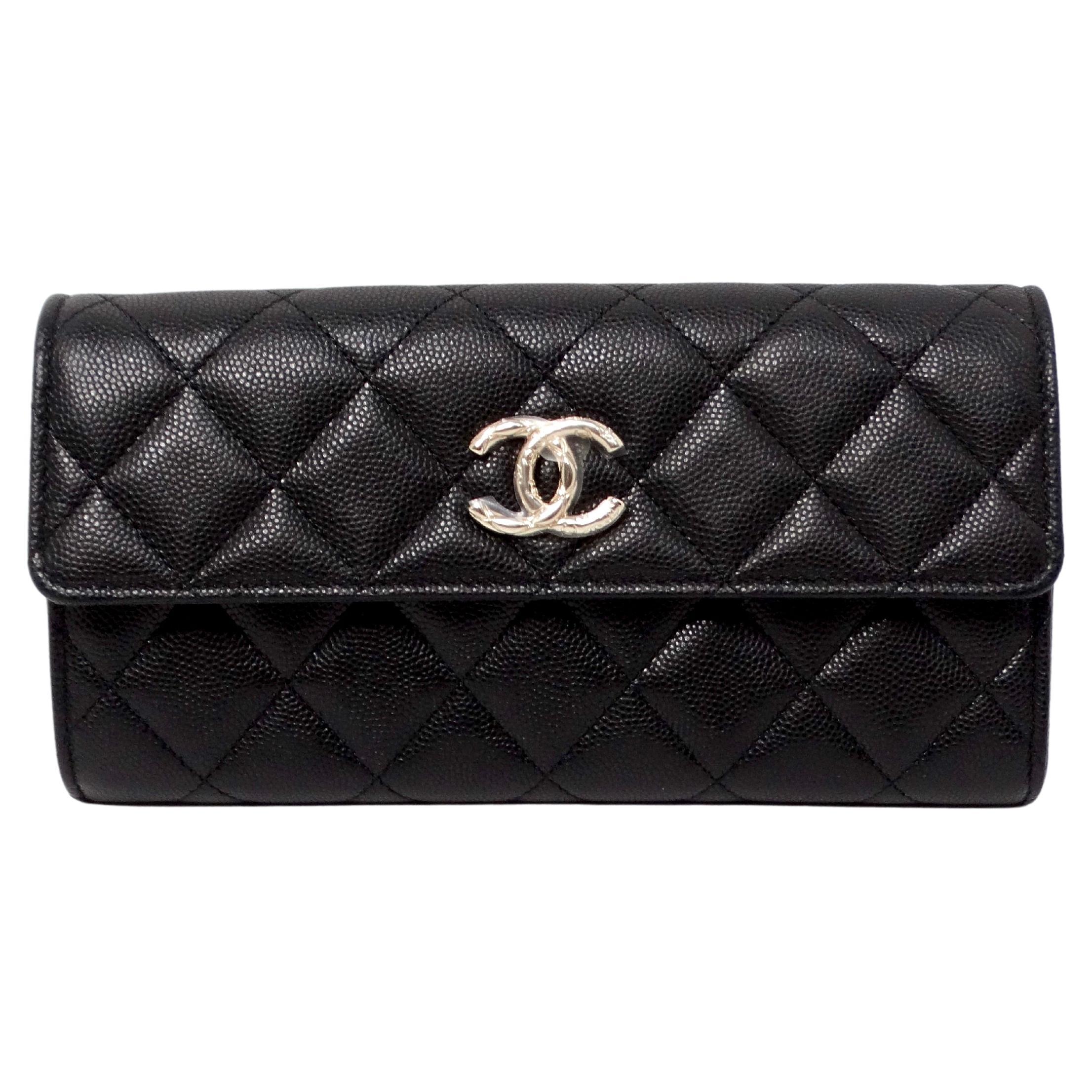 Chanel 2024 Black Caviar Quilted Leather Long Flap Wallet For Sale