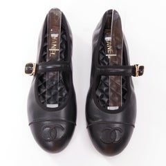 CHANEL 2024 black soft lambskin leather stitched CC cap toe mary jane flats EU39