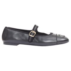 CHANEL 2024 black soft lambskin leather stitched CC cap toe mary jane flats EU39