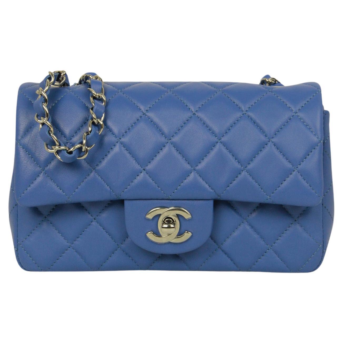Chanel 2024 Blue Lambskin Leather Quilted Rectangular Mini Flap For Sale