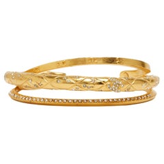 Chanel 2024 Bracelet Manchette Trio Strass CC Quilted Golden Metal Bracelet Cuff