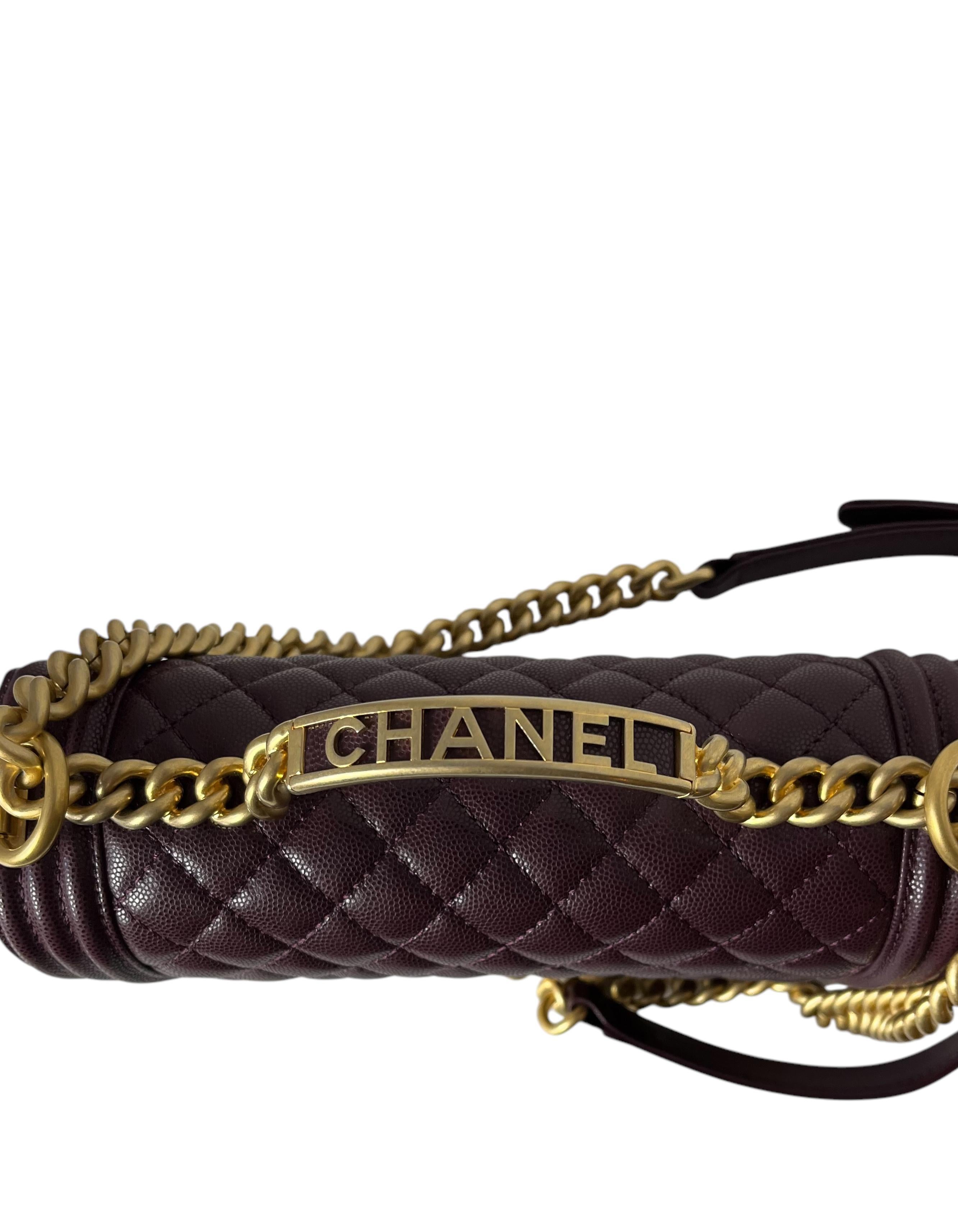 Black Chanel 2024 Burgundy Caviar Leather Quilted Medium Top Handle Boy Bag