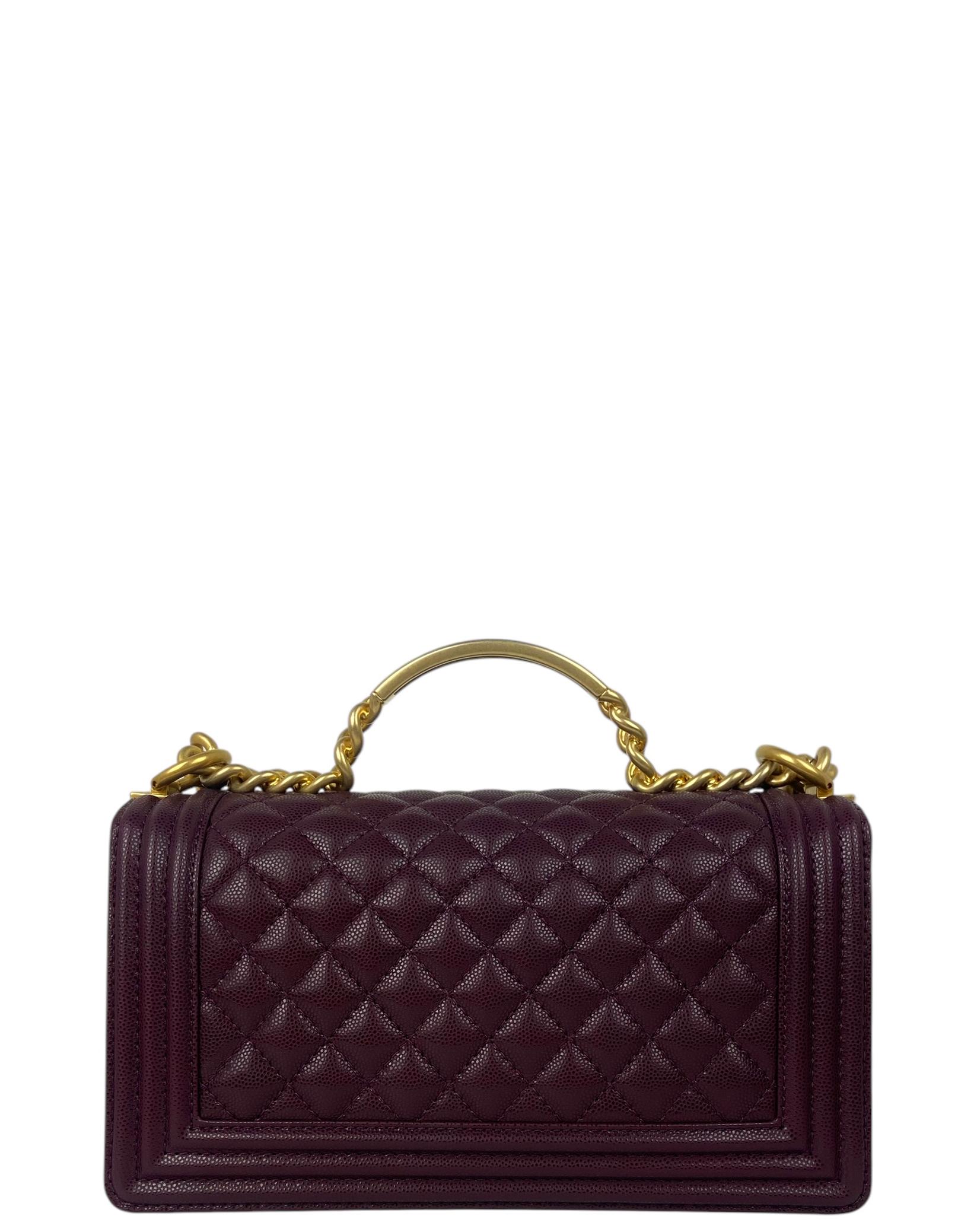 Chanel 2024 Burgundy Caviar Leather Quilted Medium Top Handle Boy Bag In Excellent Condition In New York, NY