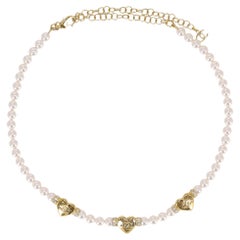 Chanel 2024 Collection Pearl Choker Necklace With 'CC' Logo Heart Pendants