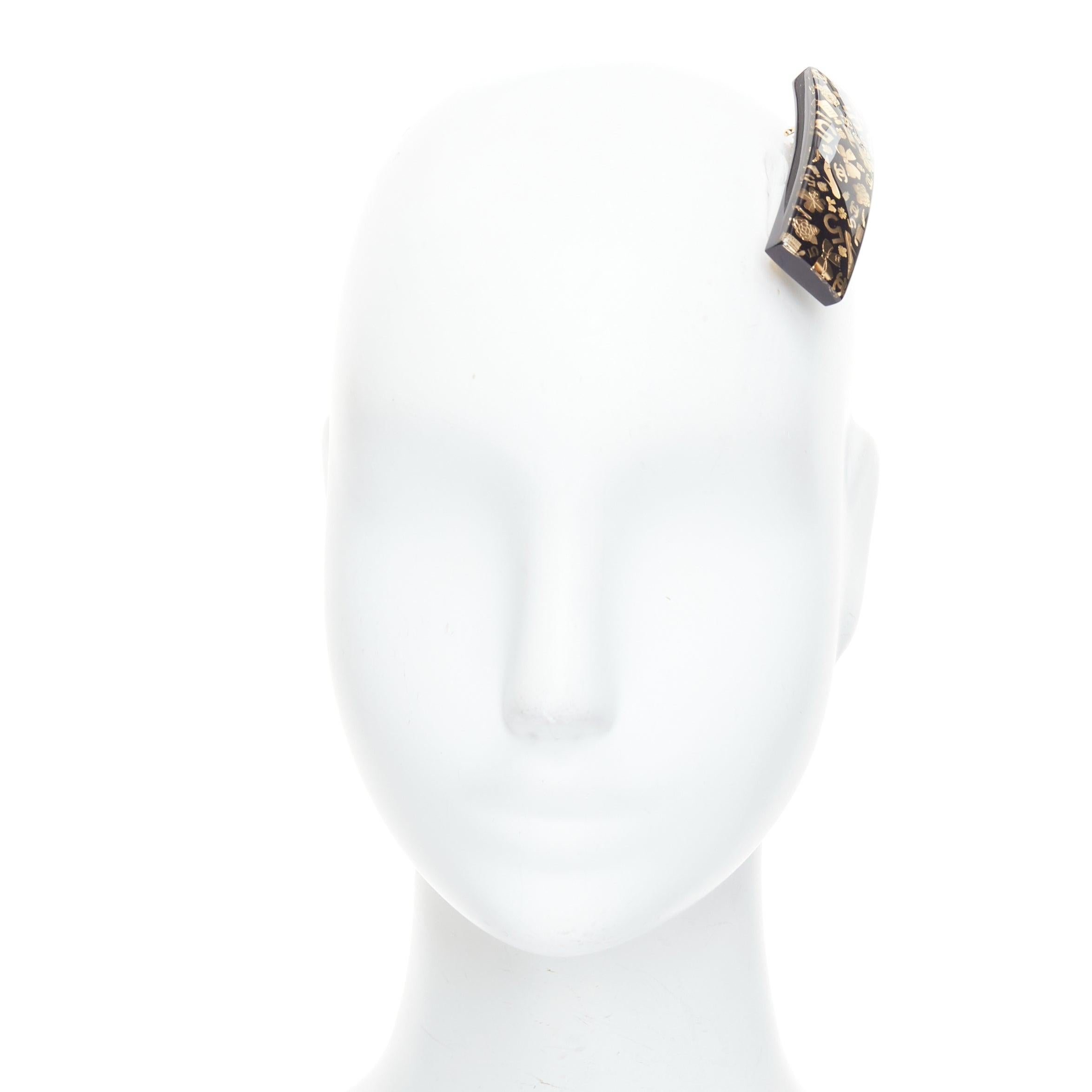 Gray CHANEL 2024 gold CC 5 bow clover black resin hair barette For Sale