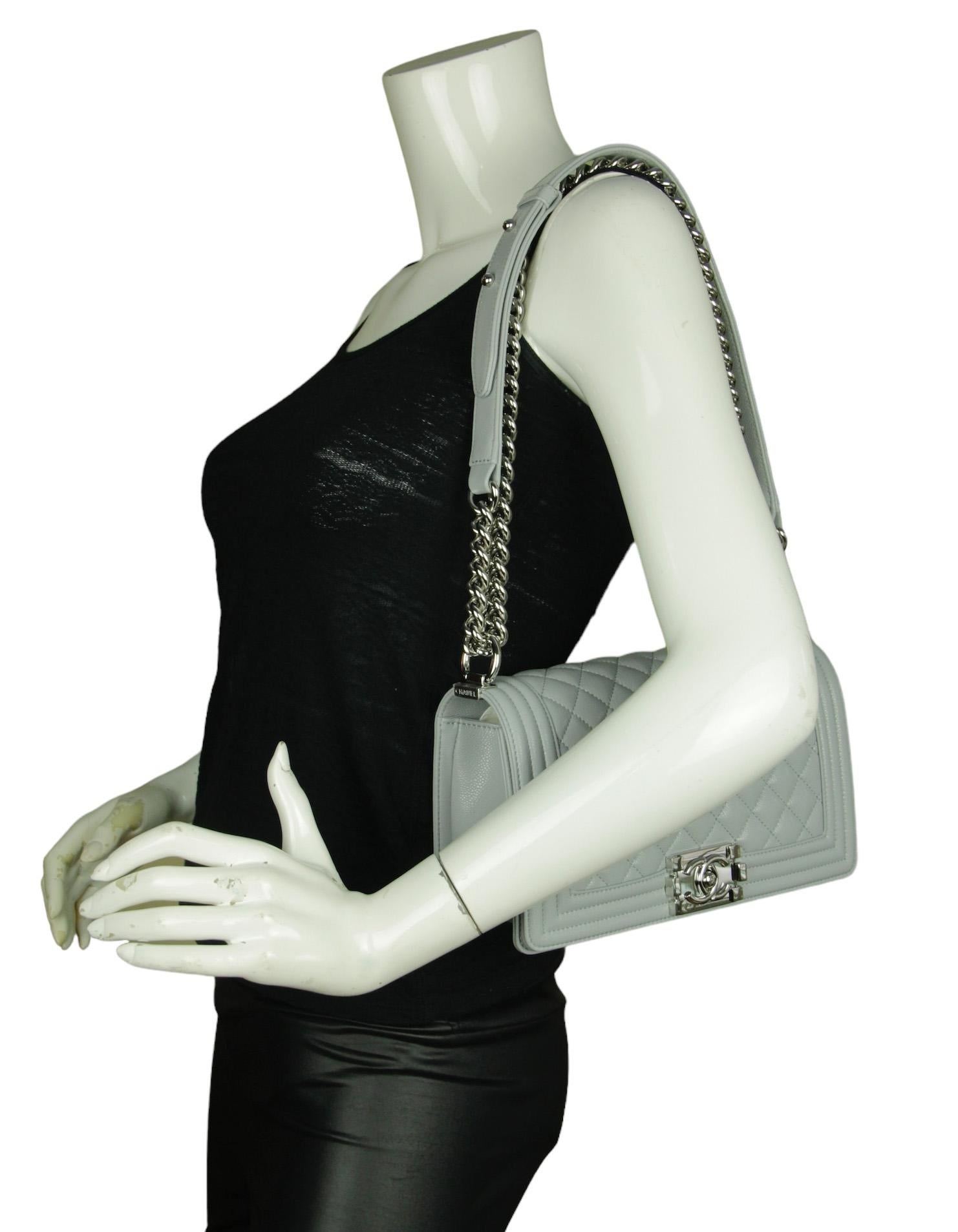Chanel Grey Shiny Caviar Leather Quilted Medium Boy Bag  

Made In: Italy
Year of Production: 2024
Color: Grey
Hardware: Silvertone
Materials: Shiny caviar leather
Lining: Leather
Closure/Opening: Flap top with pushlock
Exterior Pockets: