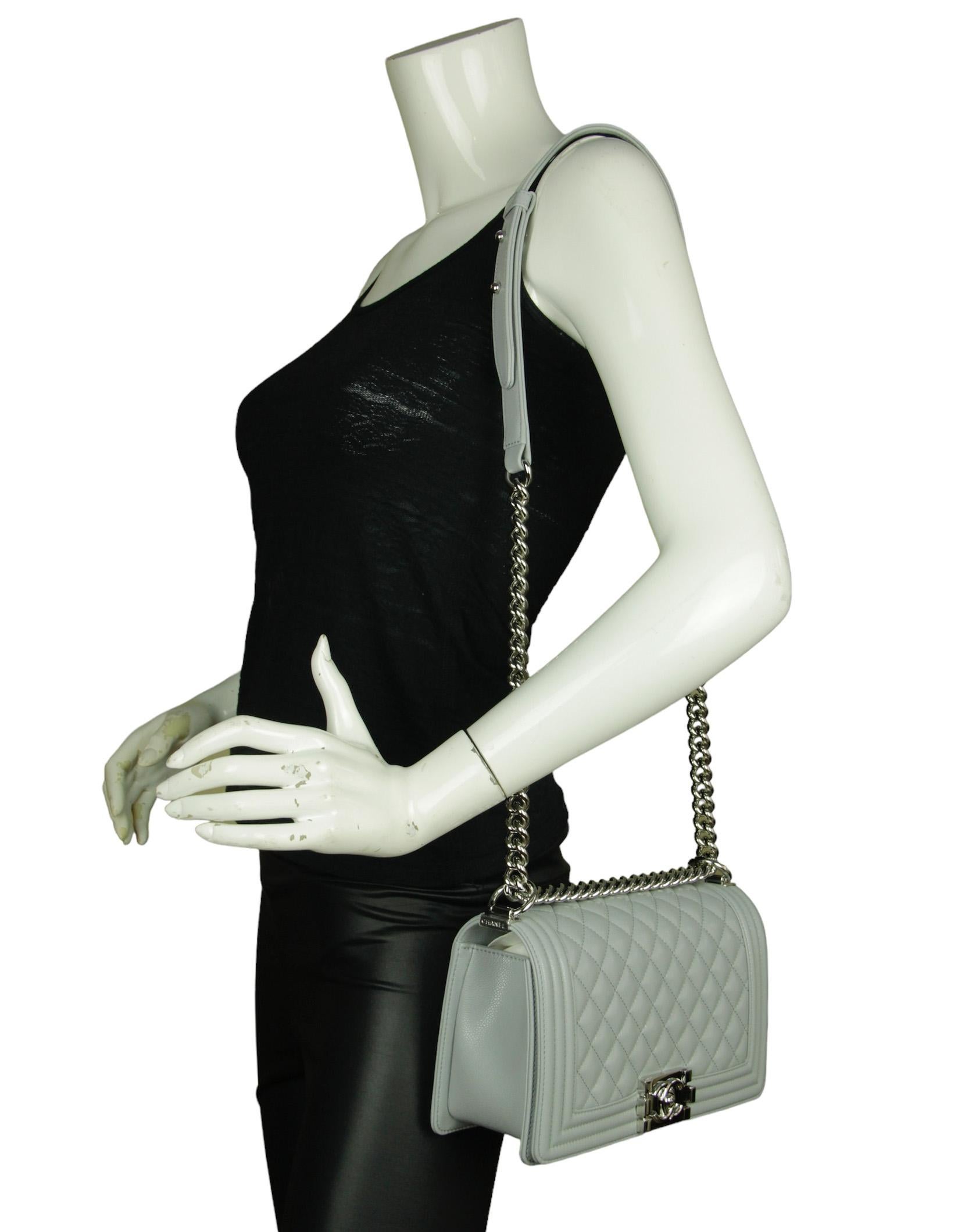 Gray Chanel 2024 Grey Shiny Caviar Leather Quilted Medium Boy Bag For Sale