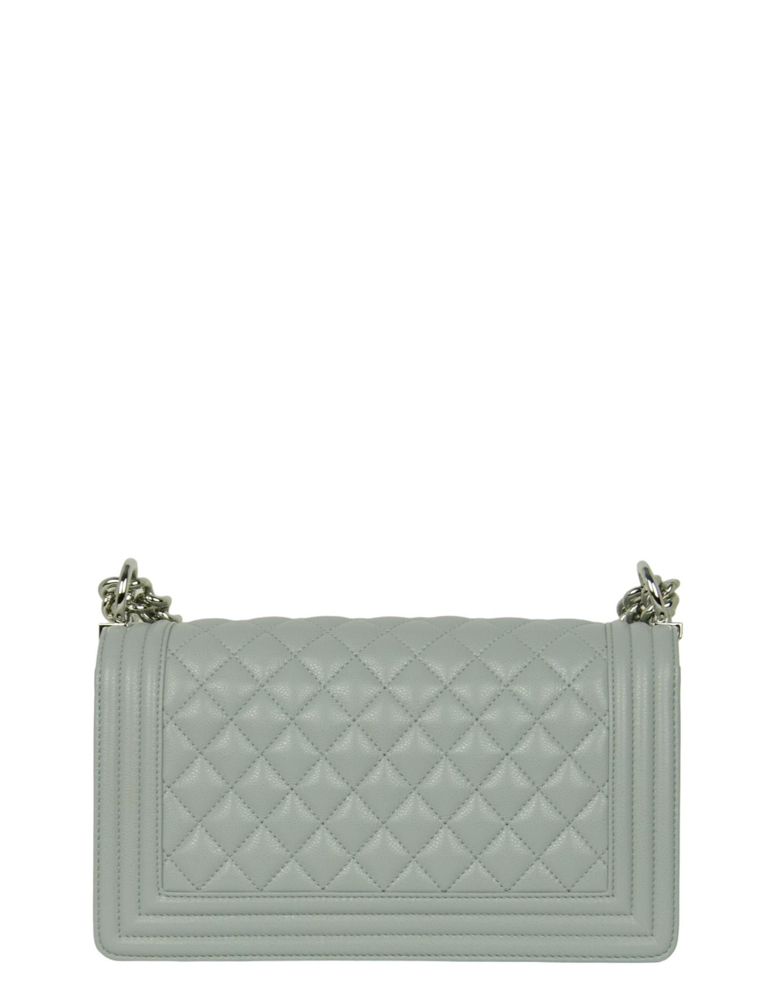 Chanel 2024 Grey Shiny Caviar Leather Quilted Medium Boy Bag In Excellent Condition For Sale In New York, NY
