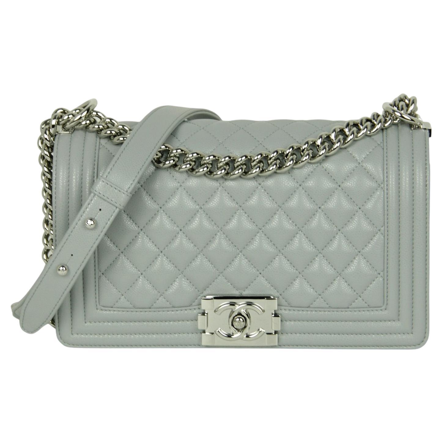 Chanel 2024 Grey Shiny Caviar Leather Quilted Medium Boy Bag For Sale