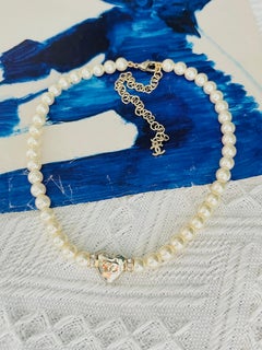CHANEL 2024 Heart Logo CC Coco Love Crystals White Beads Pearls Choker Necklace