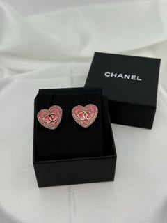 CHANEL 2024 Pink Glitter CC Heart Stud Earrings