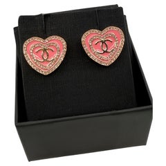 Antique CHANEL 2024 Pink Glitter CC Heart Stud Earrings