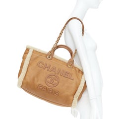 CHANEL 2024 Runway Deauville lambskin leather teddy shearling open tote bag