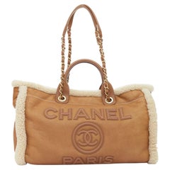 CHANEL 2024 Runway Deauville lambskin leather teddy shearling open tote bag