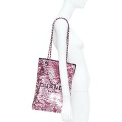 CHANEL 2024 Runway sequin leather block logo chain vertical shopping tote bag