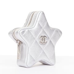 CHANEL 2024 Walk of Fame silver lambskin leather CC logo star small coin purse