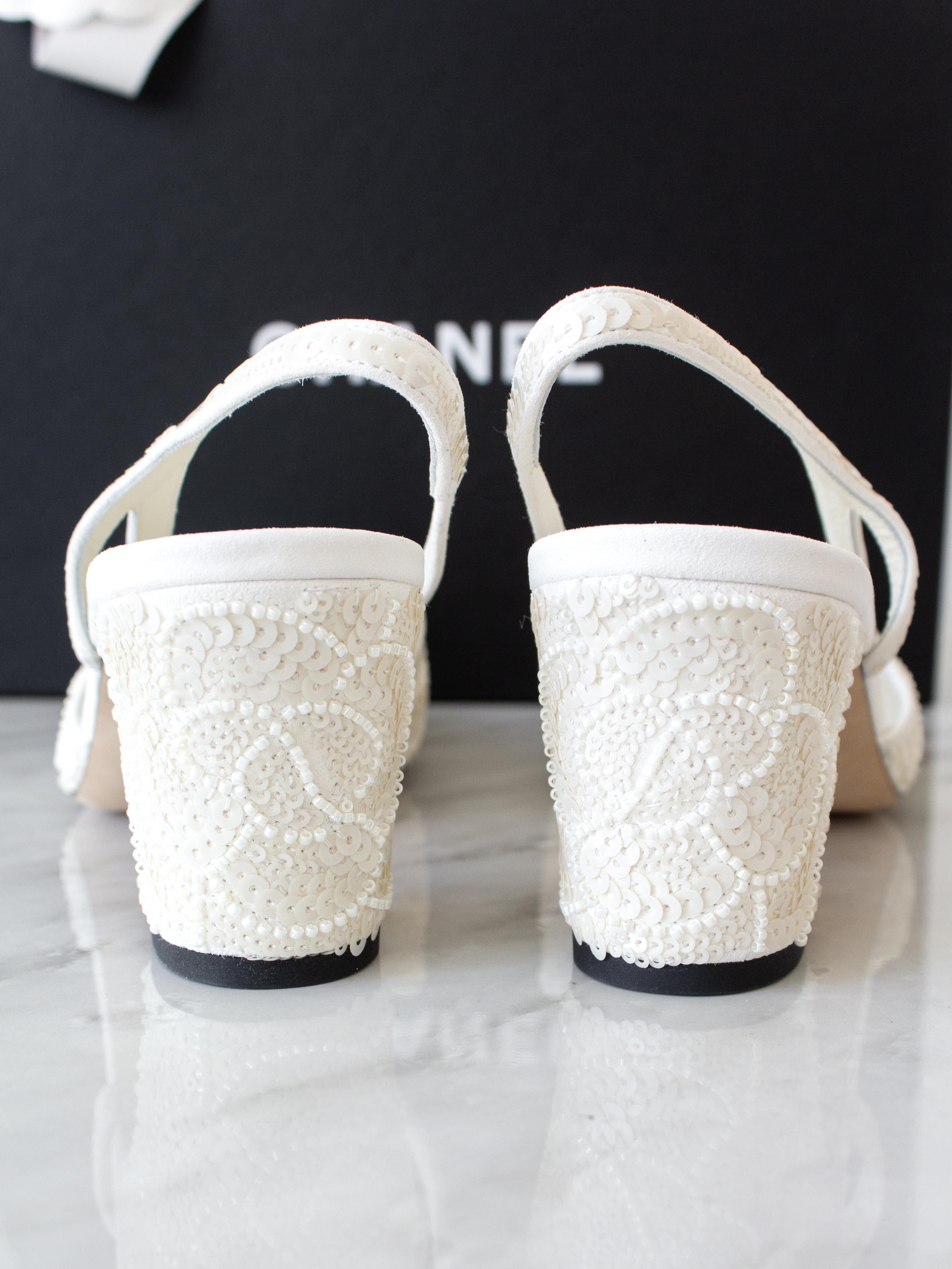 Chanel 2024 White Black Embellished Pearl Crystal Camellia 24P Slingback Shoes For Sale 1