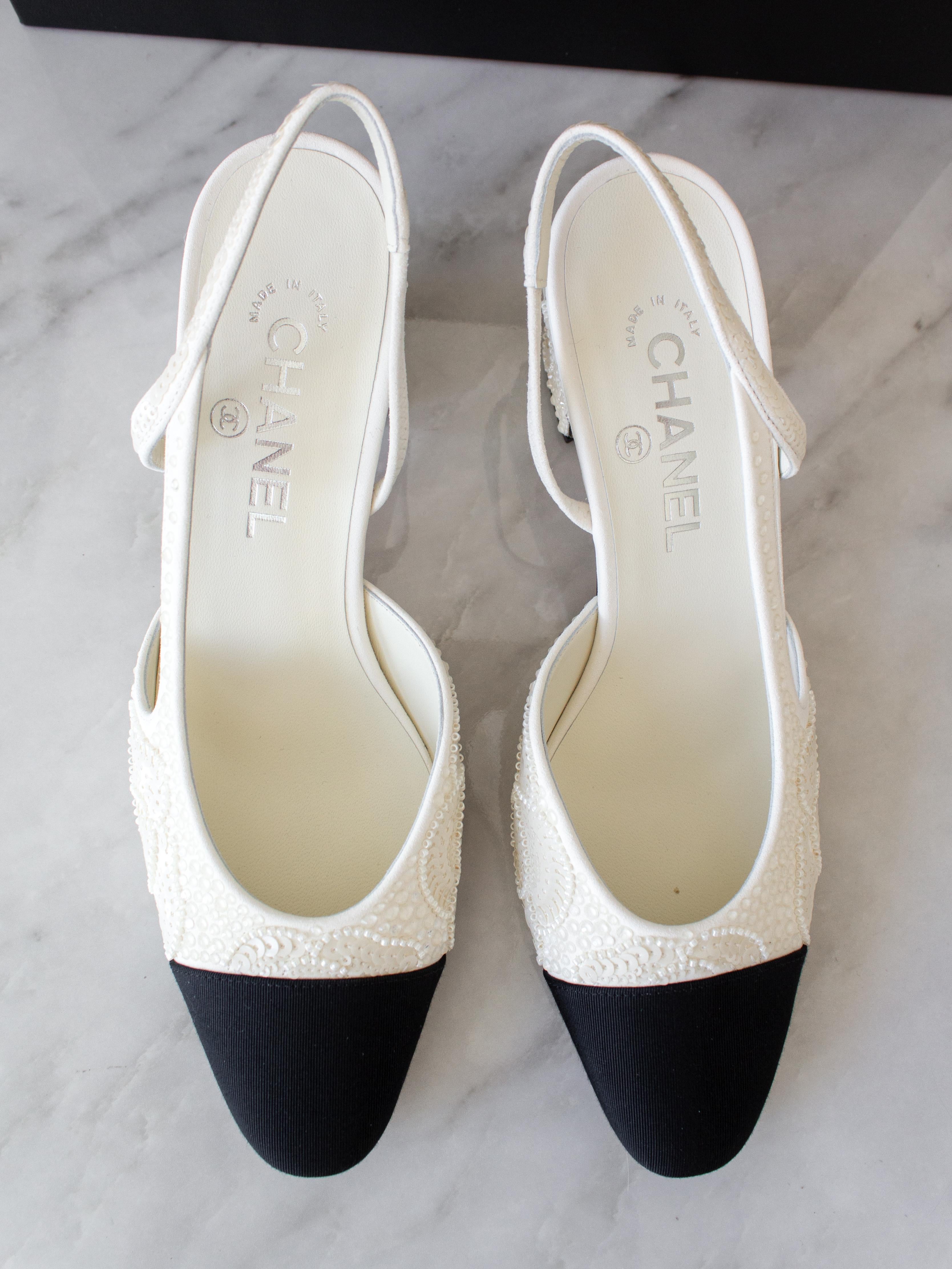 Chanel 2024 White Black Embellished Pearl Crystal Camellia 24P Slingback Shoes For Sale 3