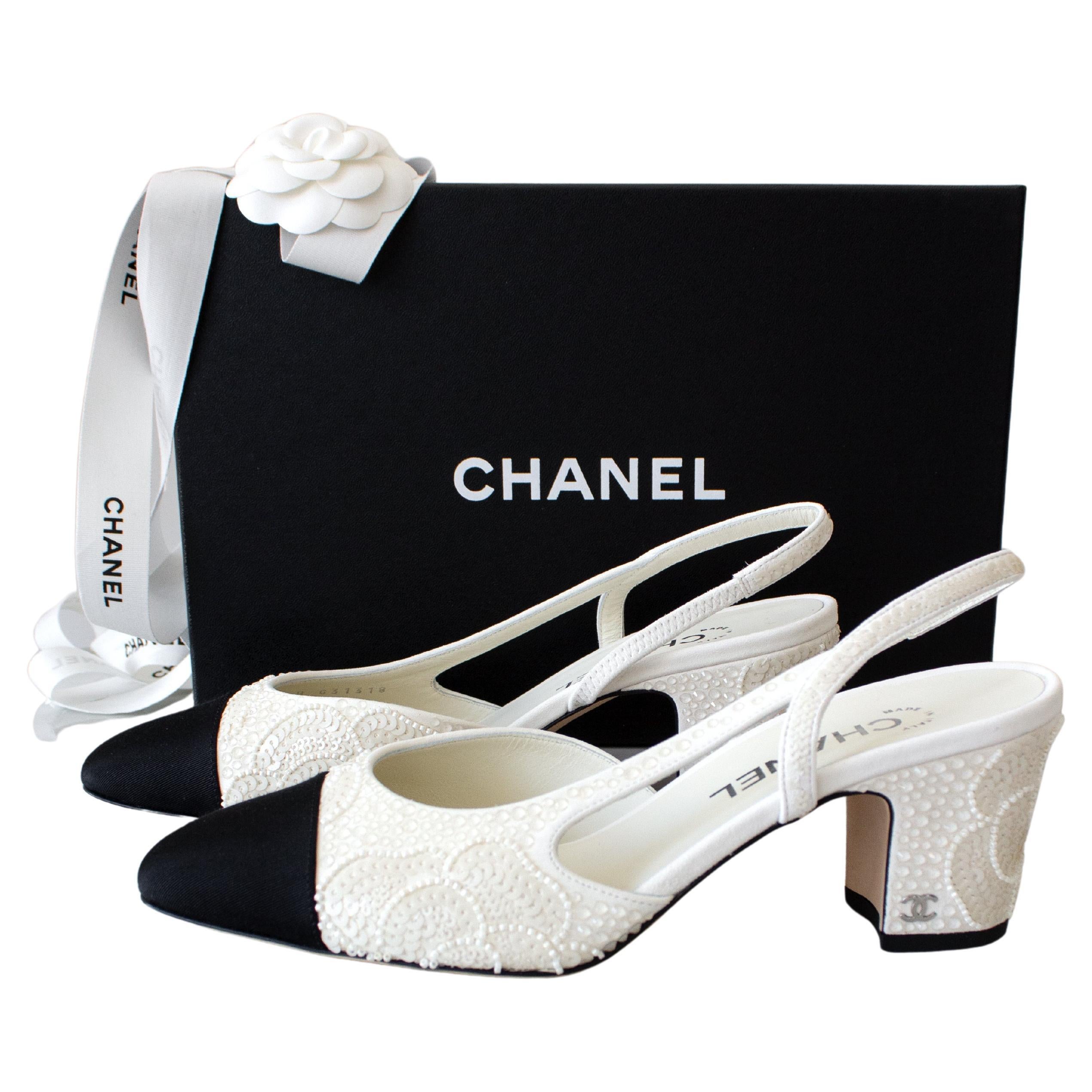 Chanel 2024 White Black Embellished Pearl Crystal Camellia 24P Slingback Shoes For Sale