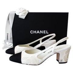 Used Chanel 2024 White Black Embellished Pearl Crystal Camellia 24P Slingback Shoes