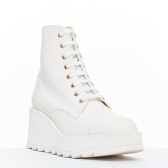 CHANEL 2024 white leather CC logo grid platform lace up wedge boots EU39