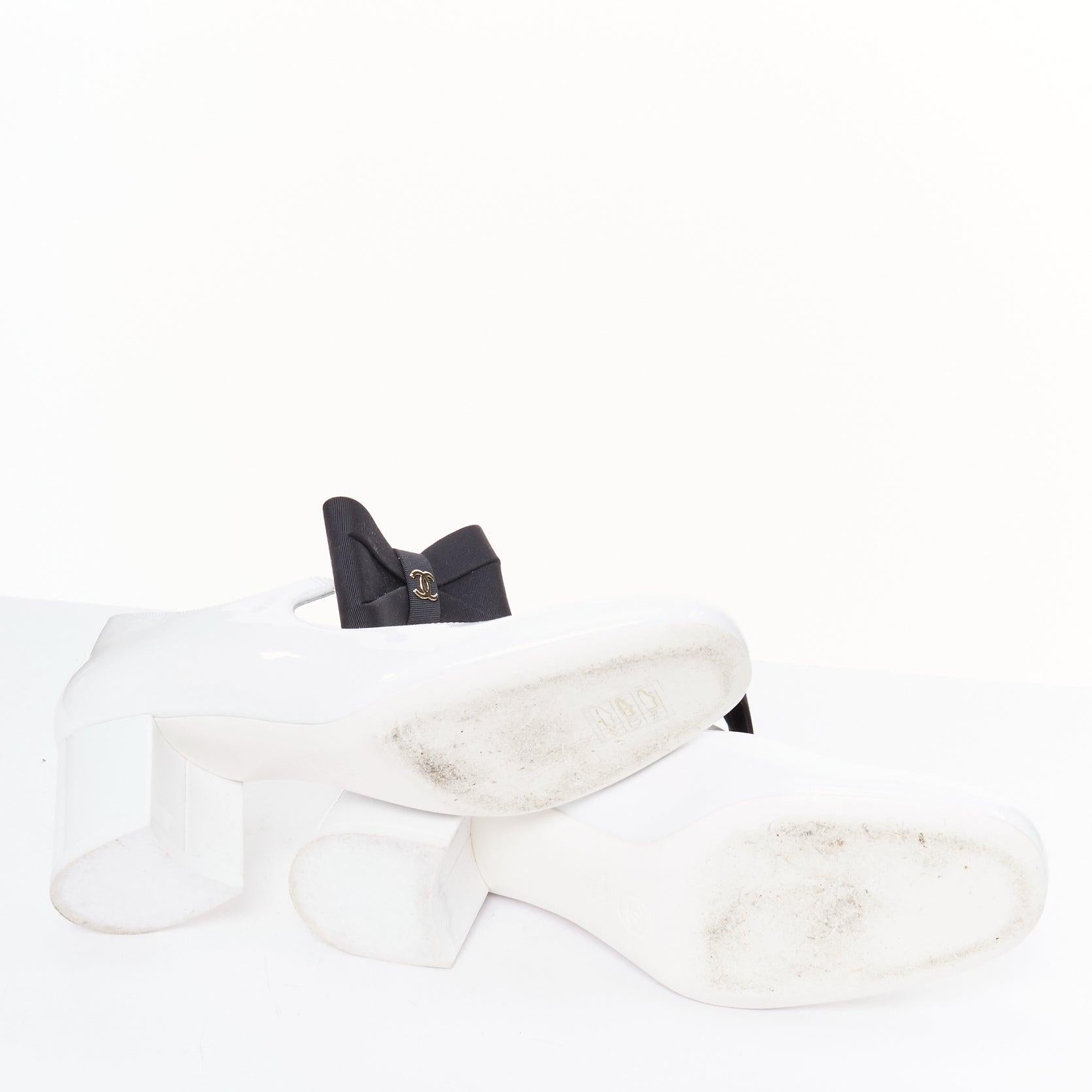 CHANEL 2024 white patent black CC logo bow maryjane chunky heels EU38.5 6