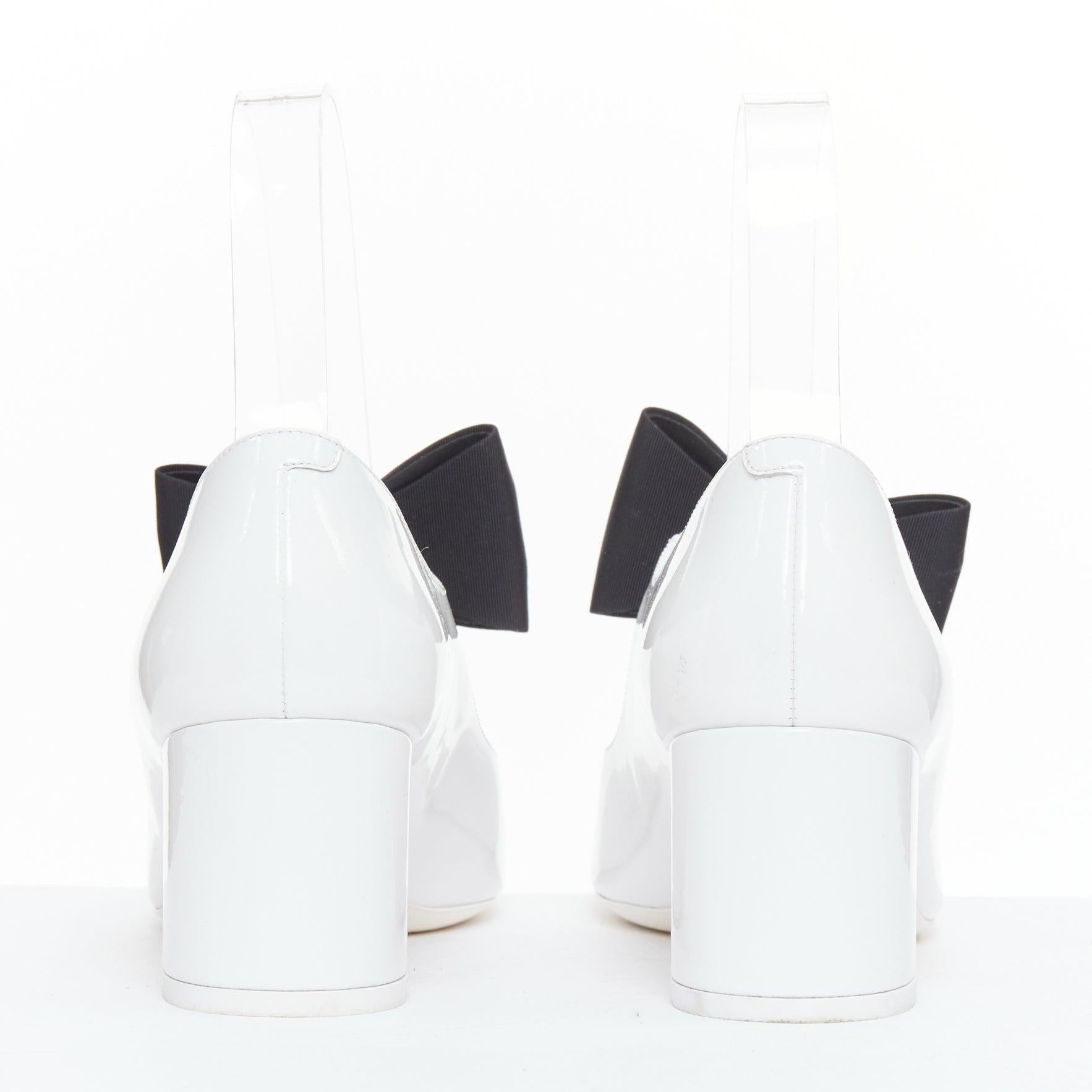 Women's CHANEL 2024 white patent black CC logo bow maryjane chunky heels EU38.5