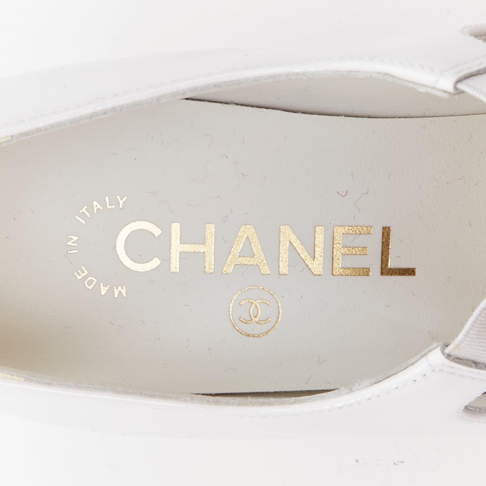 CHANEL 2024 white patent black CC logo bow maryjane chunky heels EU38.5 4