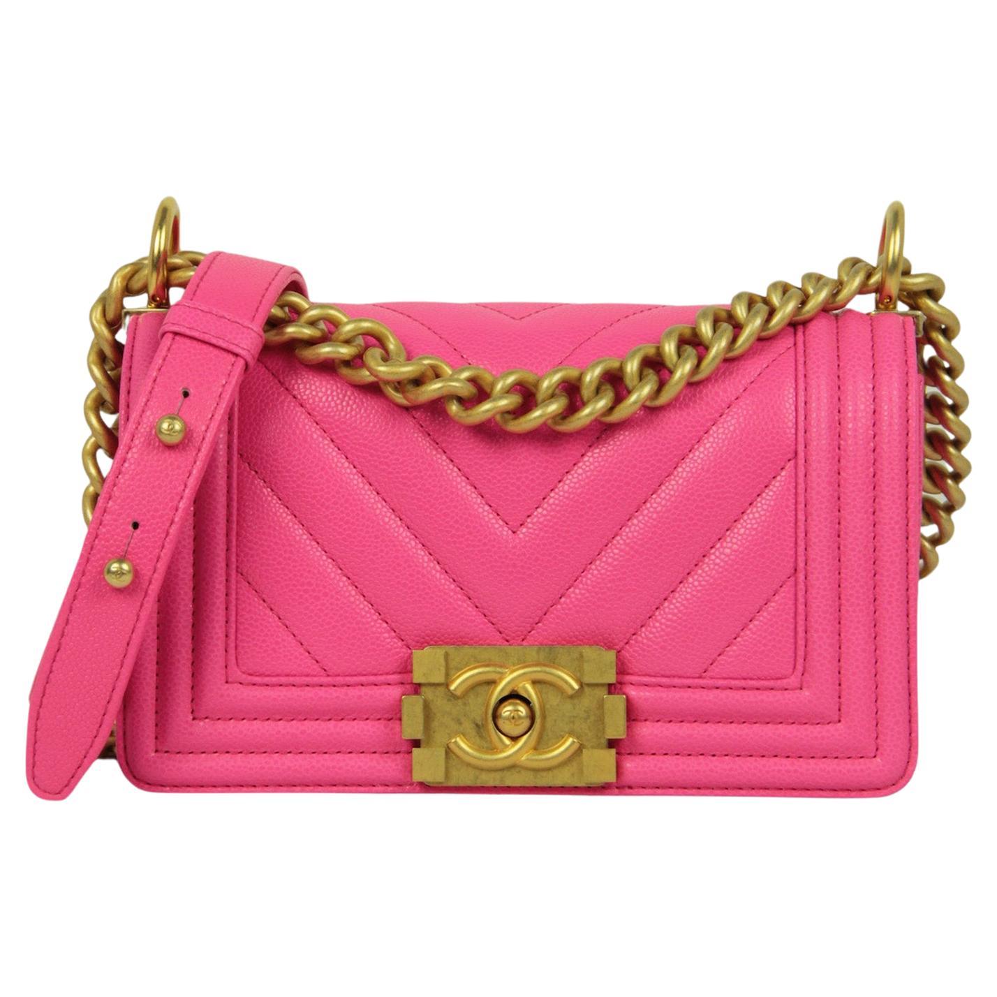 Chanel 2024C Fuchsia Neon Pink Caviar Leather Quilted Small Boy Bag For Sale