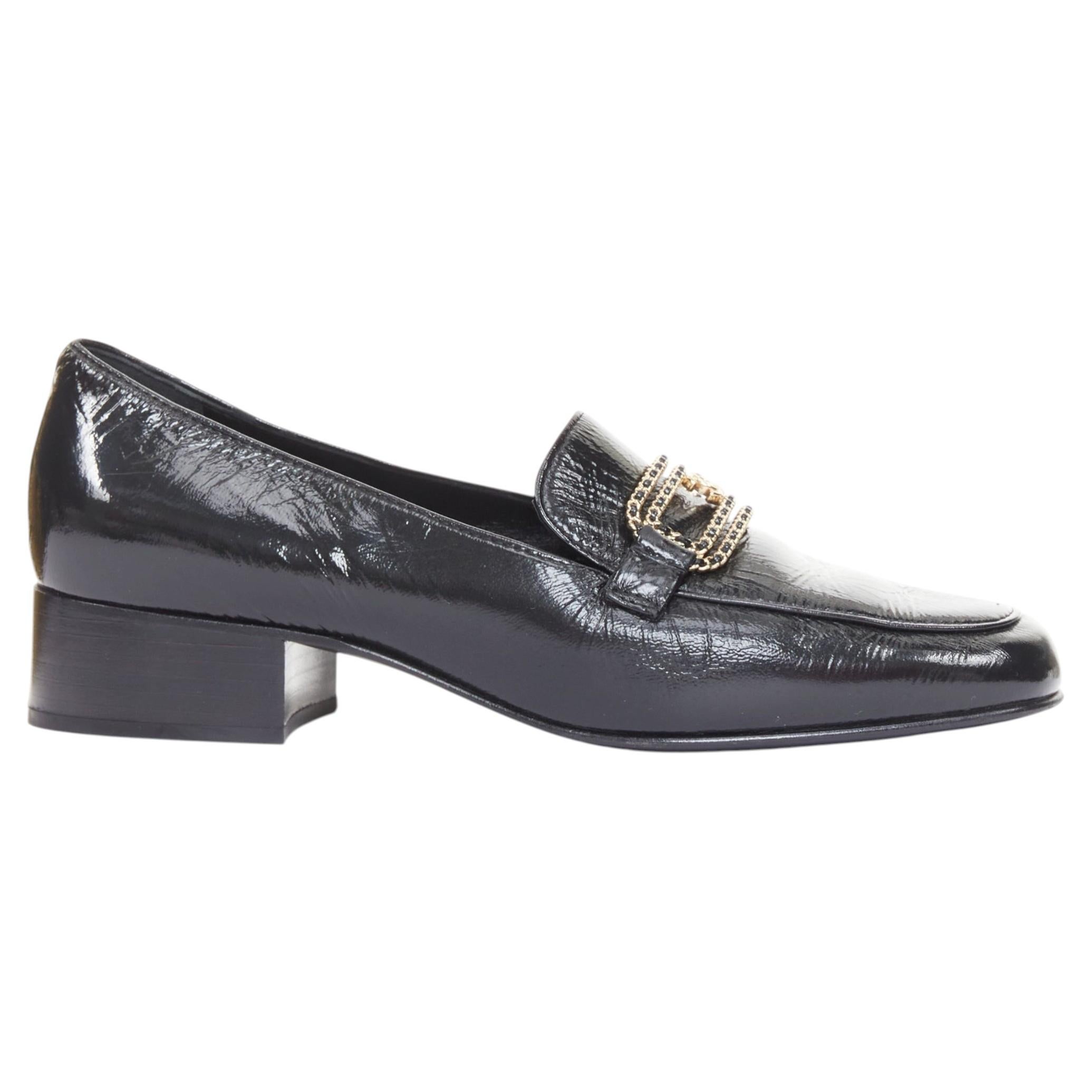 Pre-owned Chanel 2025 Black Textured Calfski Gold Cc Chain Link Mocassin Loafer Shoes Eu37