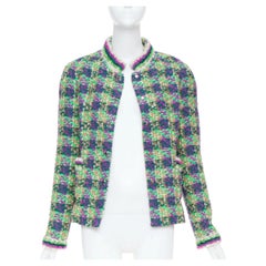 CHANEL 2025 Coco Neige green purple sequin jewel button tweed jacket FR36 XS